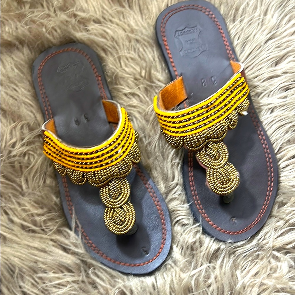 African Beaded Yellow and Gold  Sandals size women’s 7 to 7.5